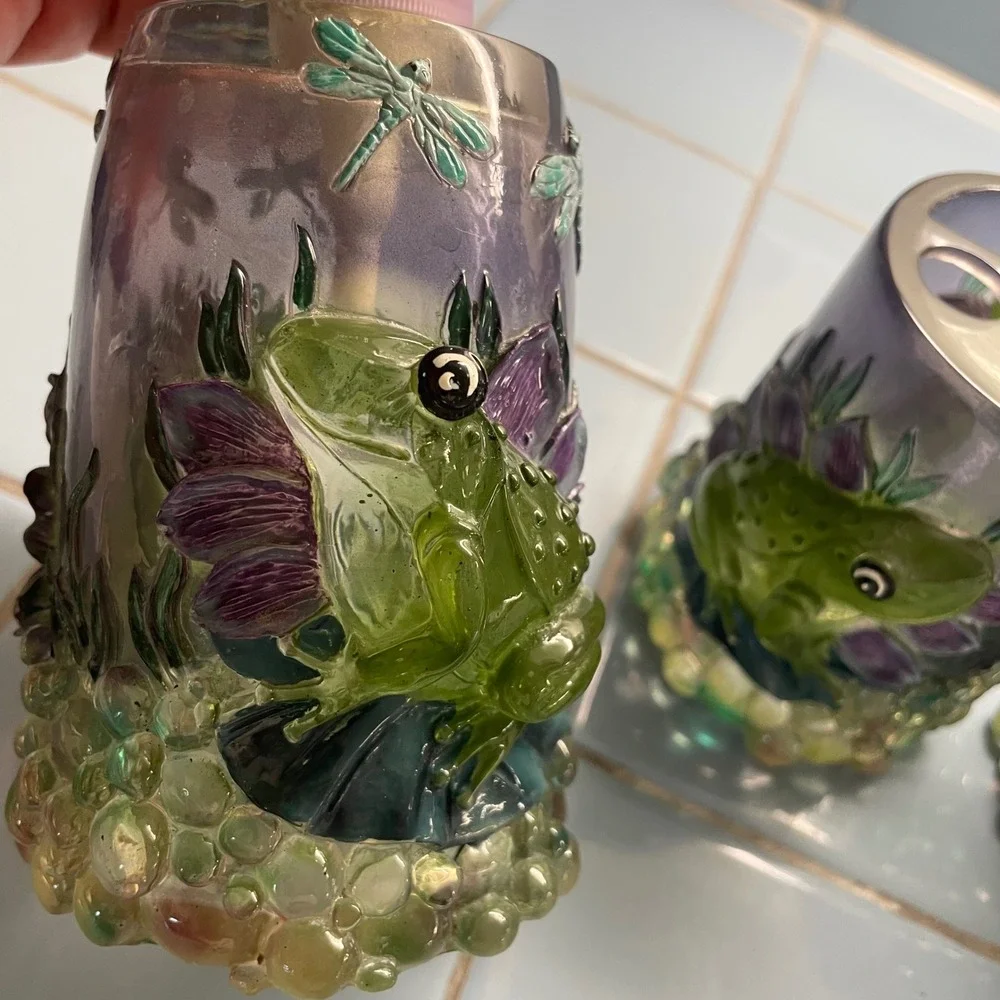 Lucite 60s 70s Frog Bathroom‎ 3 pc Set Soap Dispenser Toothbrush tumbler Decor